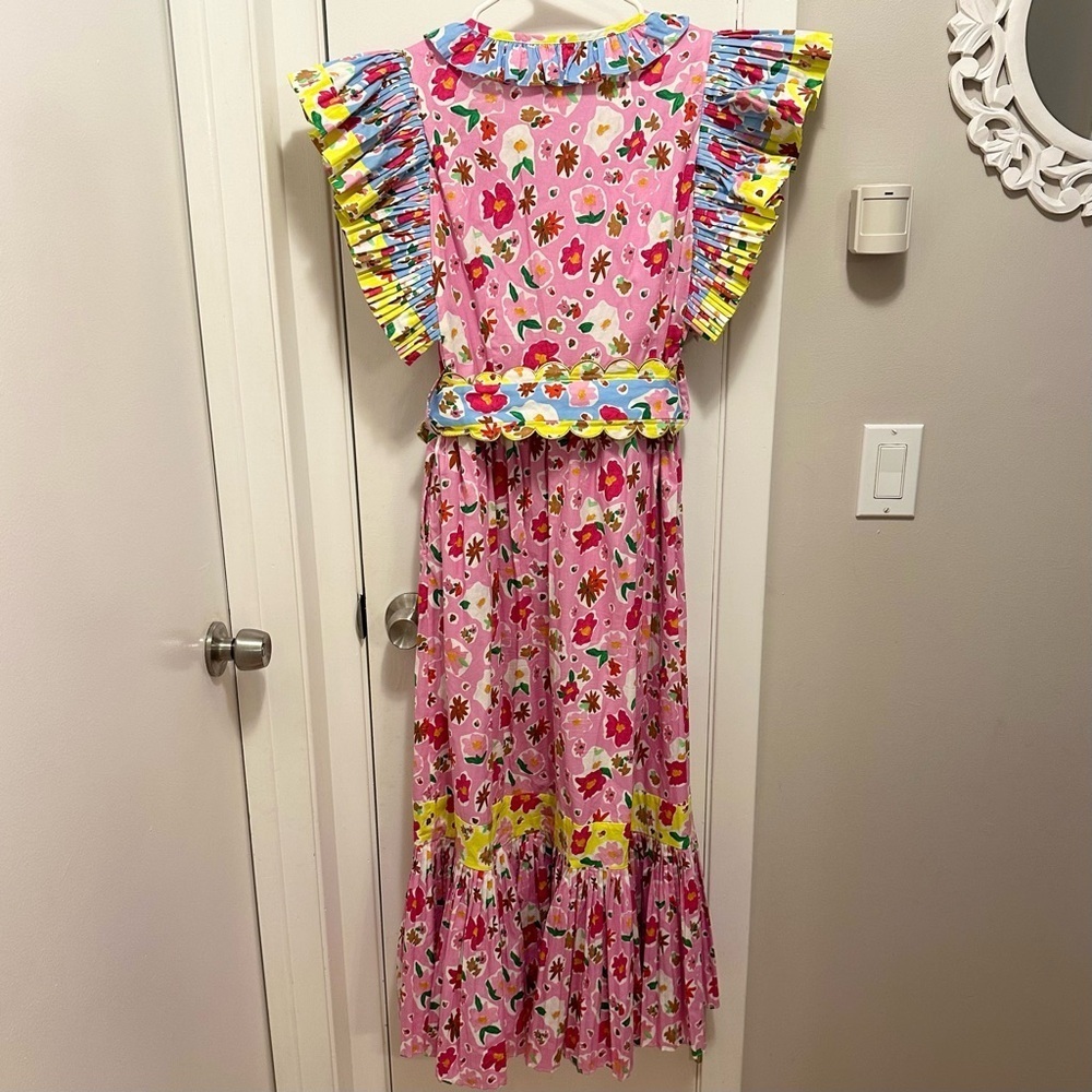 Celia B Topaz Midi Dress M Tiered Belted Flutter Slv Vibrant Colorful Party Fun - Picture 6 of 11
